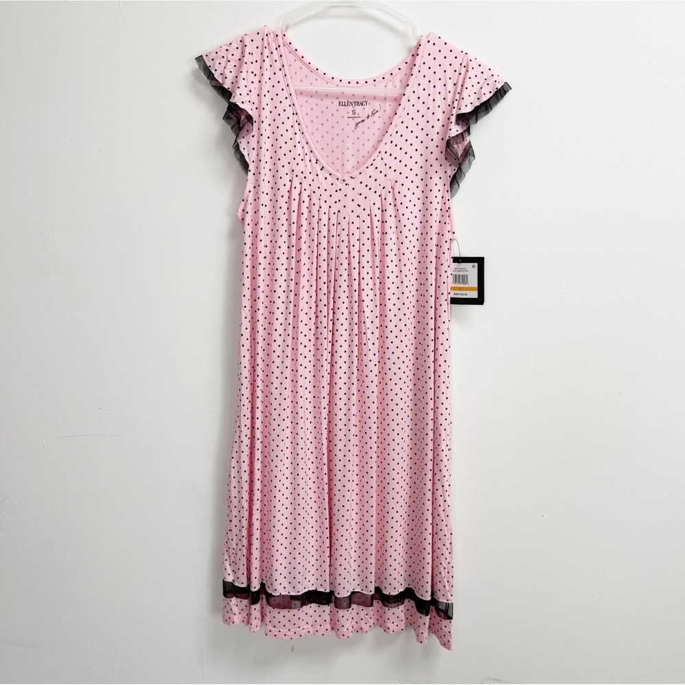 Ellen Tracy Nightgown Womens Small Pink Polka Dots Mesh Pajamas Short Sleeve NWT